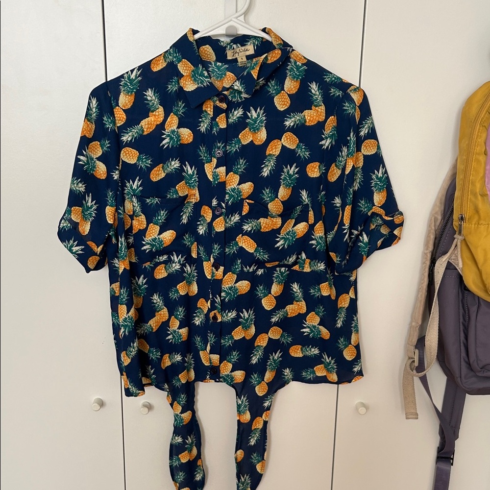 Lily White Tropical Pineapple Button up Tie Blouse